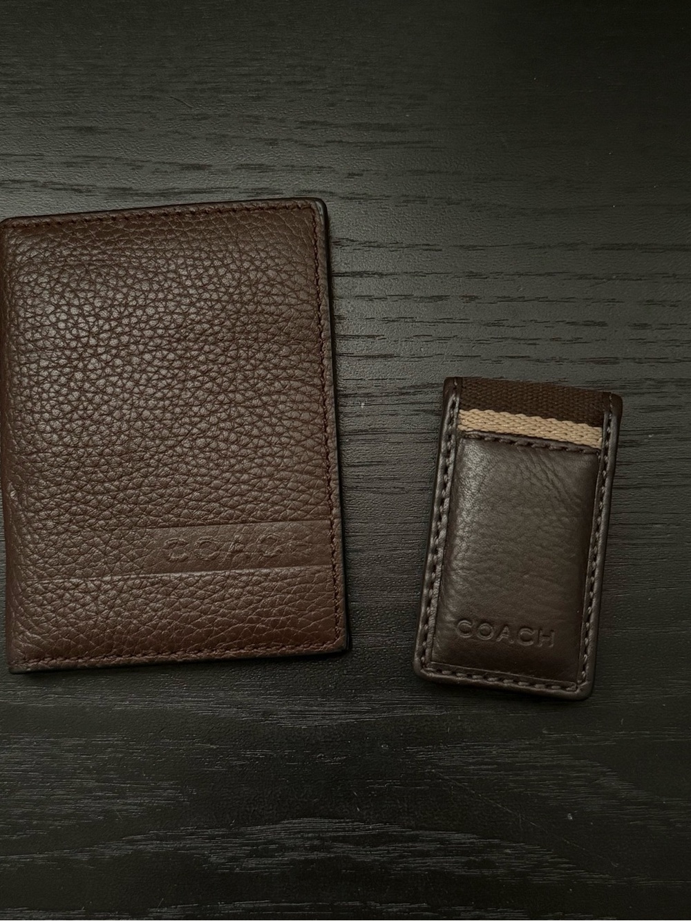 Coach Men’s Dark Brown Leather Card Holder Wallet and Money Clip Set